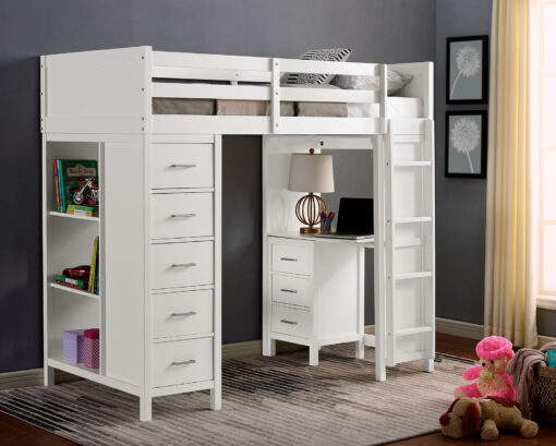 Cassidy Transitional Solid Wood White Twin Loft Bed with Drawers