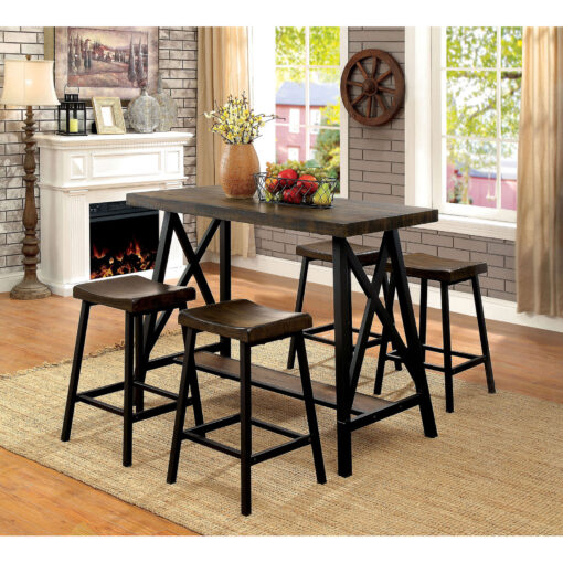 Lainey Industrial Solid Wood Weathered Medium Oak/Black 5 Piece Bar Table Set