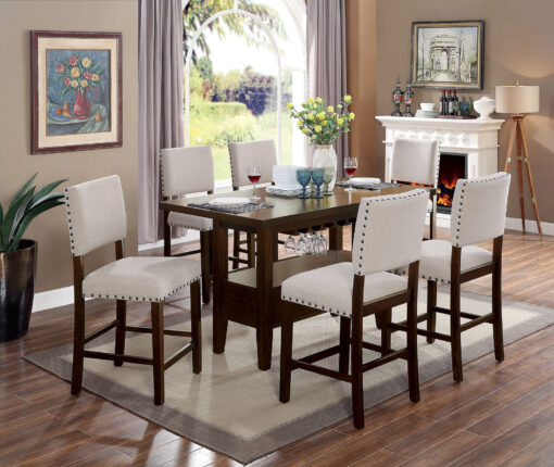 Lordello Transitional Solid Wood Brown Cherry/Ivory 7 Piece Counter Height Dining Table Set