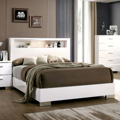 Malte Contemporary White Shelf in Headboard Bed