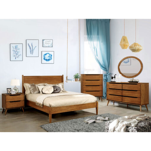 Lennart Mid-Century Modern Solid Wood Oak 5 Piece Queen Bedroom Set with Chest with Oval Mirror