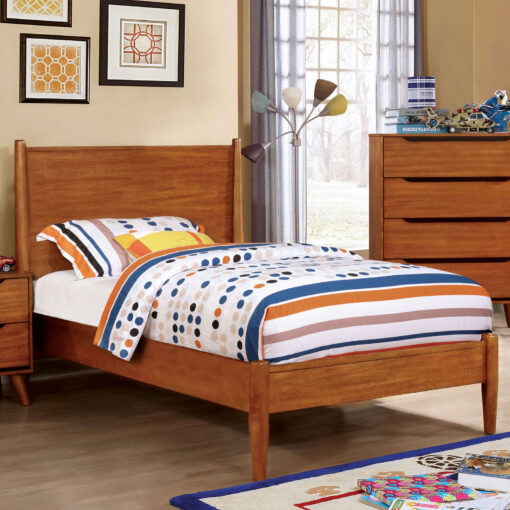 Lennart Mid-Century Modern Solid Wood Oak 4 Piece Twin Bedroom Set with Oval Mirror