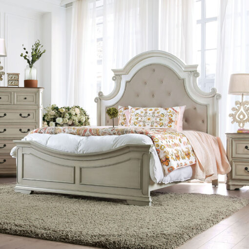 Pembroke Transitional Antique Whitewash Button Tufted Headboard Bed