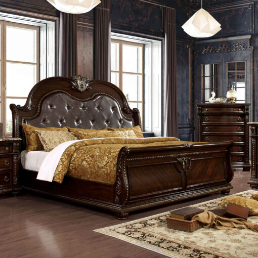 Fromberg Traditional Brown Cherry Faux Wood Carved Details Bed