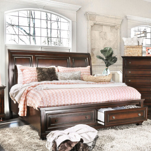 Northville Transitional Curved Headboard with Drawer Footboards Dark Cherry Bed