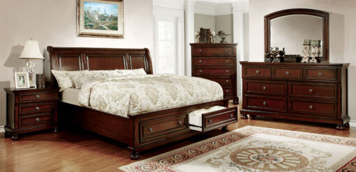 Northville Dark Cherry Curved Headboard with Drawer Footboards 4 Piece Queen Bedroom Set