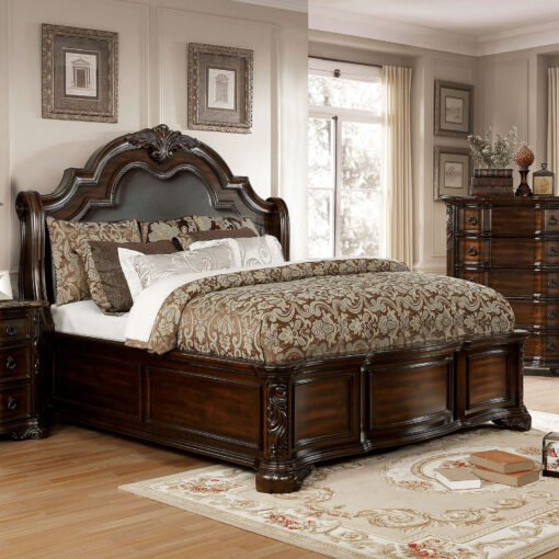 Niketas Traditional Brown Cherry/Espresso Padded Headboard Bed