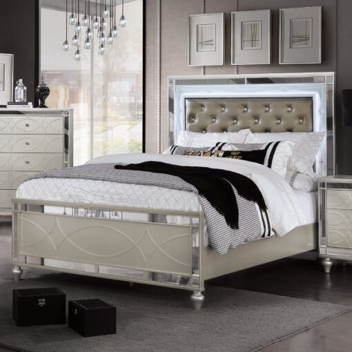 Manar Transitional Button Tufted Padded Headboard Silver Bed