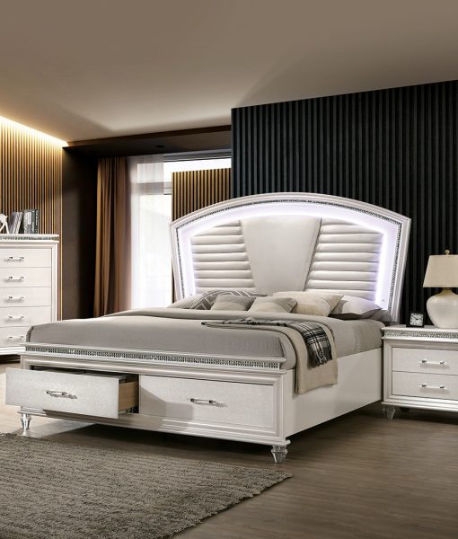 Maddie Contemporary Pearl White/White Footboard Drawers Bed