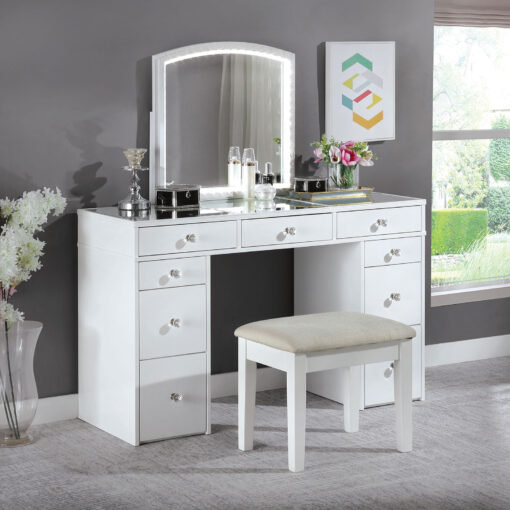 Louise Contemporary Solid Wood White Vanity with Stool