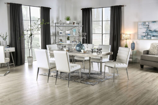 Sindy Contemporary Faux Wood Veneer Light Gray/Chrome 7 Piece Dining Table Set