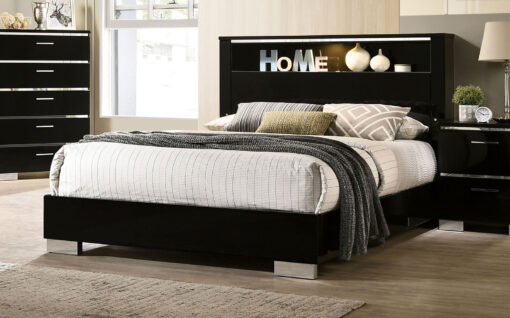 Carlie Contemporary Shelf in Headboard Black/Chrome Bed