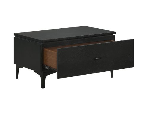 Mat black nightstand with open drawer view