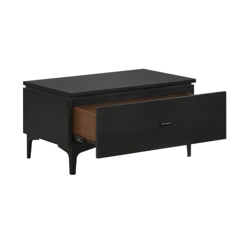 Mat black nightstand with open drawer view