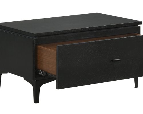 Mat black nightstand with open drawer view