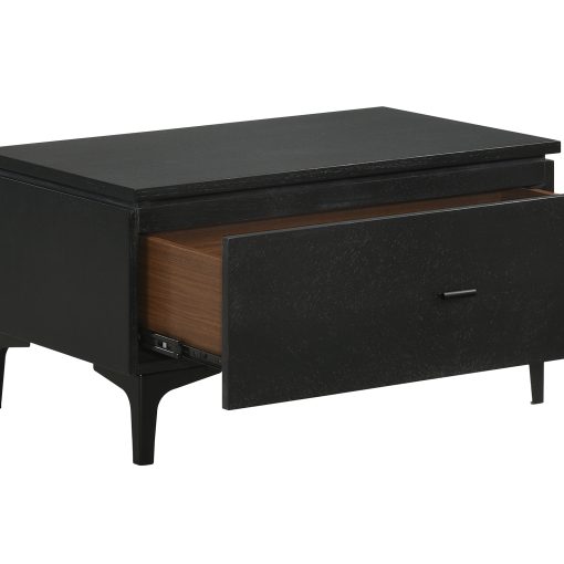 Mat black nightstand with open drawer view