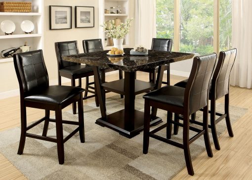 Clayton Transitional Faux Marble Dark Cherry/Black 7 Piece Counter Height Dining Table Set