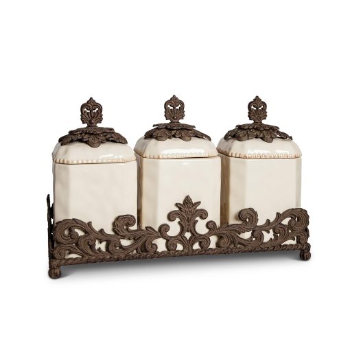 Park Hill Acanthus Stoneware Canister Set - Set of 3 Canisters with Base