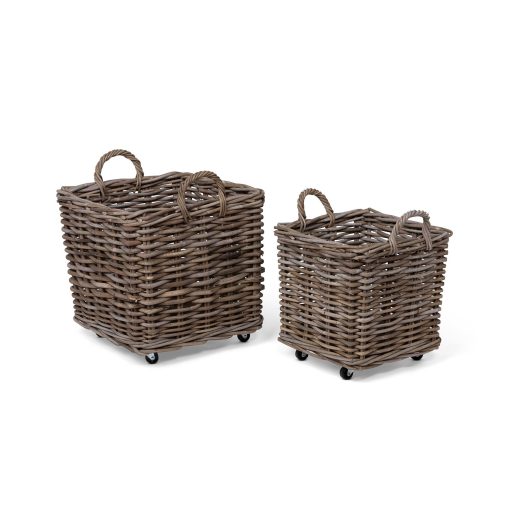 Park Hill Rattan Woven Square Basket with Casters - Set of 2