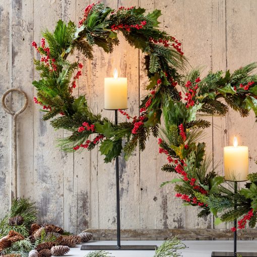 Park Hill Pine and Holly Wreath on Tall Candle Stand