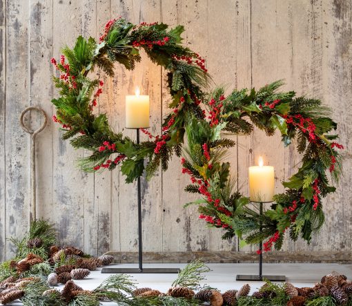 Park Hill Pine and Holly Wreath on Tall Candle Stand - Image 2