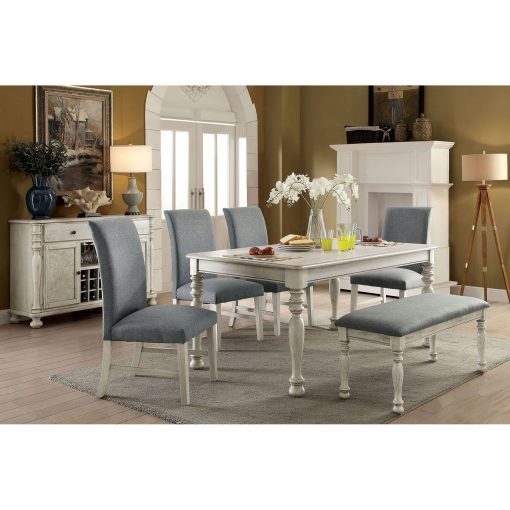 Kathryn Transitional Solid Wood Antique White 6 Piece Dining Table Set with Bench