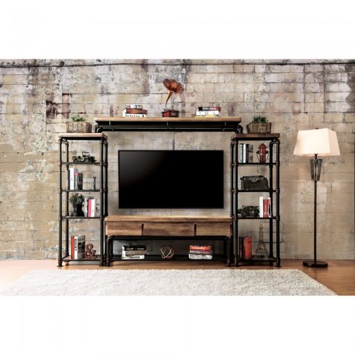 Kebbyll Industrial Pipe-Inspired Frame Antique Black/Natural Tone 3 Piece Set (TV + 2 PC)