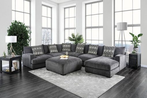 Kaylee Contemporary Solid Wood Gray Right Chaise U-Shaped Sectional with Ottoman