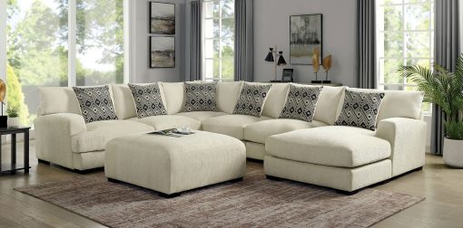 Kaylee Contemporary Solid Wood Beige Right Chaise U-Shaped Sectional & Ottoman