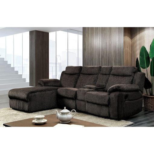 Kamryn Transitional Recliners Warm Gray Sectional with Console