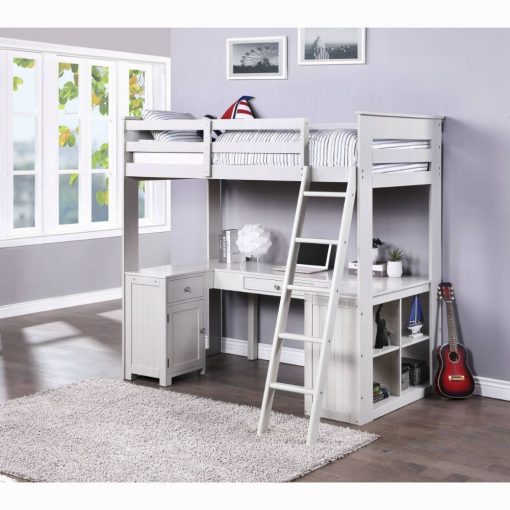 Ambar Wood Light Gray Twin Loft Bed with Desk, Bookcase & Chest