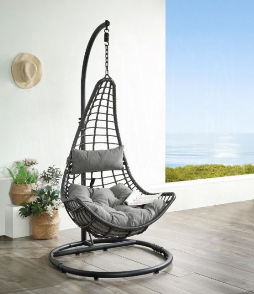 Uzae Gray Fabric & Charcoal Wicker Hanging Chair