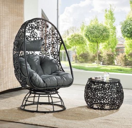 Hikre Clear Glass, Charcoal Fabric & Black Wicker Patio Lounge Chair & Side Table