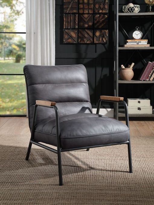 Nignu Gray Top Grain Leather & Matt Iron Accent Chair