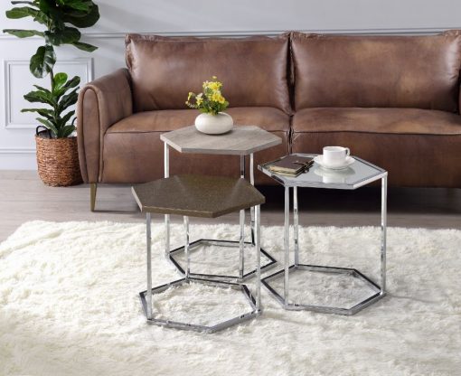 Simno Clear Glass, Taupe, Gray Washed & Chrome Nesting Table Set