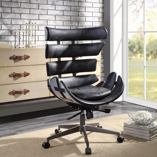 Megan Vintage Black Top Grain Leather & Aluminum Office Chair