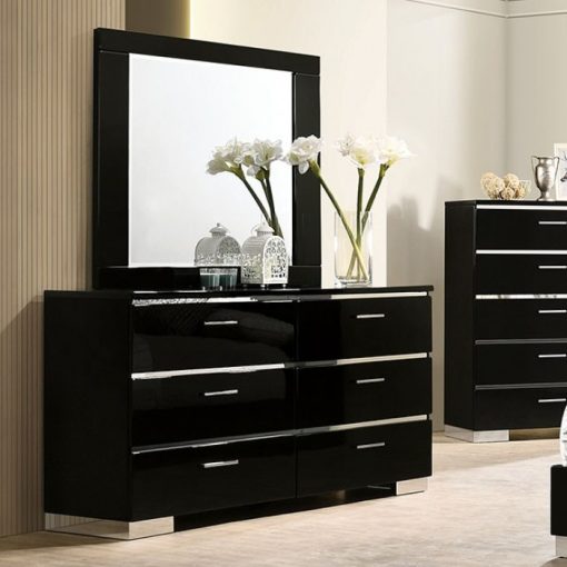 Erlach Contemporary Black/Chrome Queen Bed with 1NS and Dresser + Mirror + Chest - Image 4