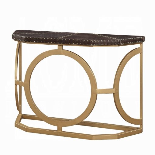 Solara Brown Top Grain Leather & Gold Console Table - Image 2