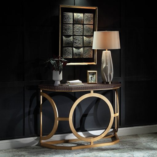 Solara Brown Top Grain Leather & Gold Console Table