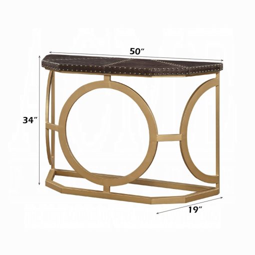 Solara Brown Top Grain Leather & Gold Console Table - Image 7