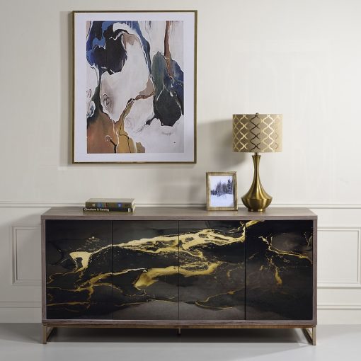 Payo Black Marble Print Oak & Champagne Console Cabinet