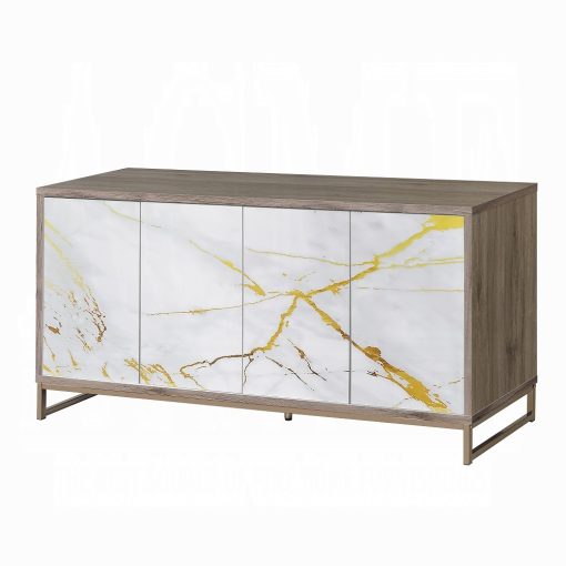 Paavan White Marble Print Oak & Champagne Console Cabinet - Image 2