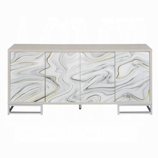 Panos White Marble Print & Chrome Console Cabinet - Image 3