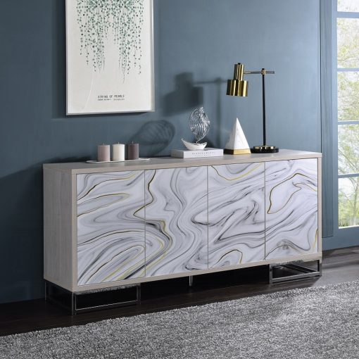 Panos White Marble Print & Chrome Console Cabinet