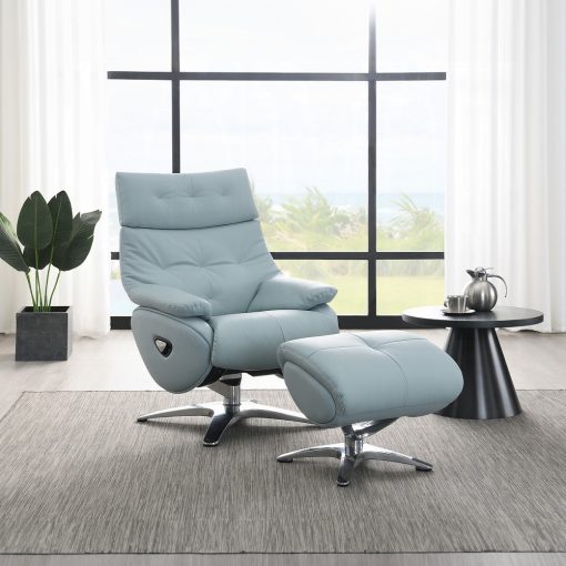 Janella Contemporary Babyblue Leather Motion Accent Chair with Swivel & Ottoman