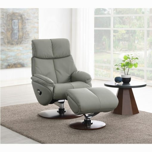 Kandoro Contemporary Gray Leather & Brown Base Motion Accent Chair with Swivel & Ottoman