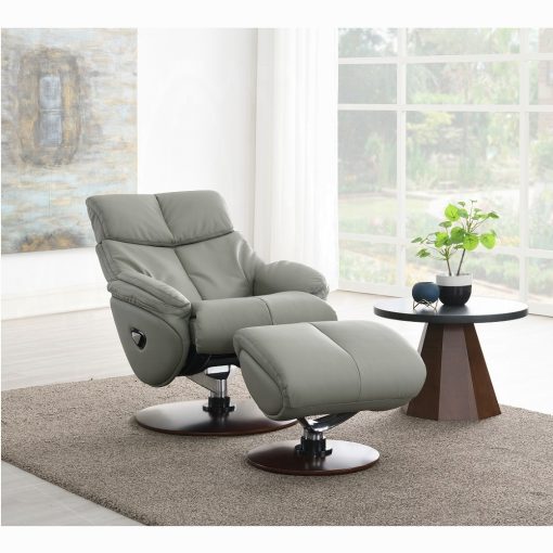 Kandoro Contemporary Gray Leather & Brown Base Motion Accent Chair with Swivel & Ottoman - Image 7