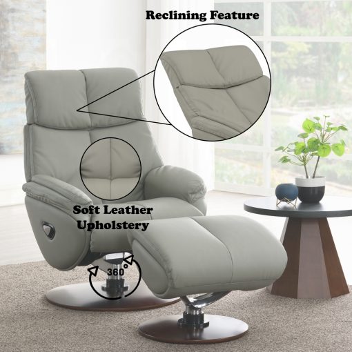 Kandoro Contemporary Gray Leather & Brown Base Motion Accent Chair with Swivel & Ottoman - Image 9