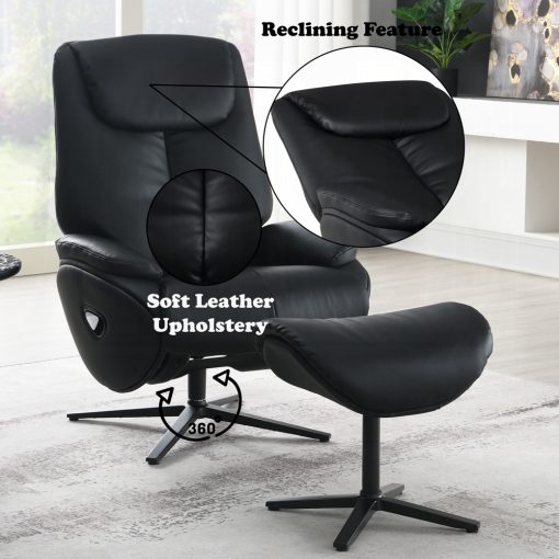 Labonita Contemporary Black Leather Motion Accent Chair with Swivel & Ottoman - Image 9