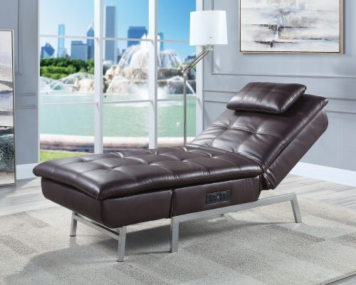 Padilla Brown Synthetic Leather Chaise Lounge with Pillow & USB